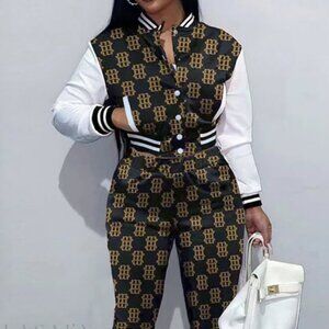 Classic Monochrome Two-Piece Long Sleeve Casual Print Set in Black and Brown